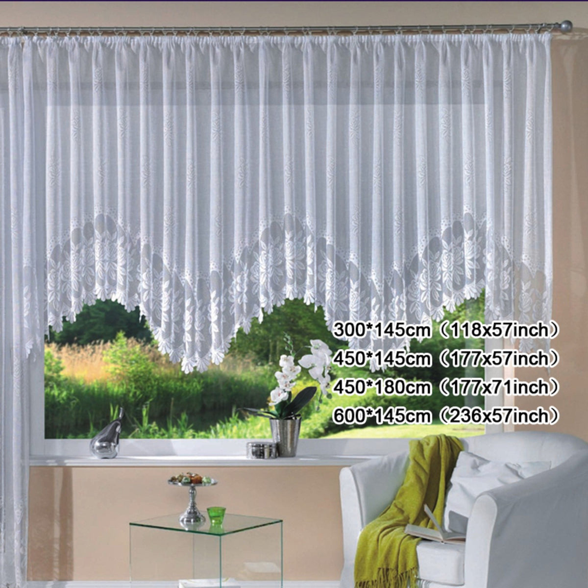 White Knitted Jacquard Arch Curtain Half Shading Lace Curtain Large Size UK