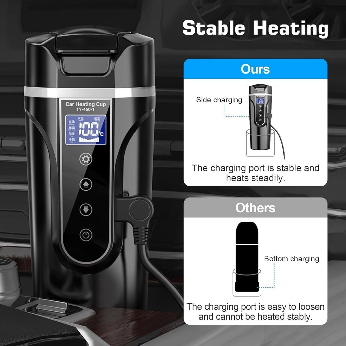 Car Kettle Heater 12V 24V Digital Display Portable 500ml for Travel Camping Boat