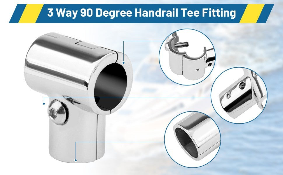 25mm 1 inch Boat Handrail Fitting 90 Degree Tee 3 Way - Stainless Steel