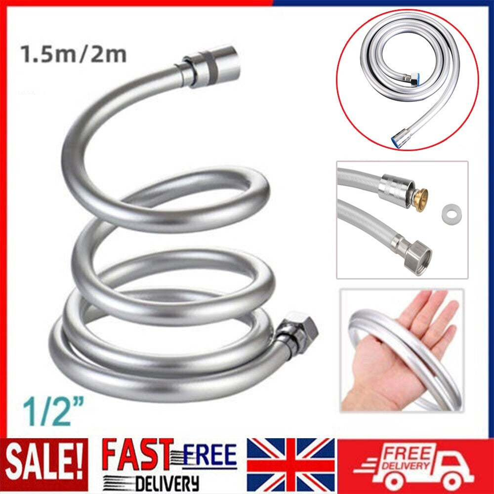 Smooth Matt Silver Shower Hose Brass Pipe Standard Bore PVC Long Flexible 1.5/2m