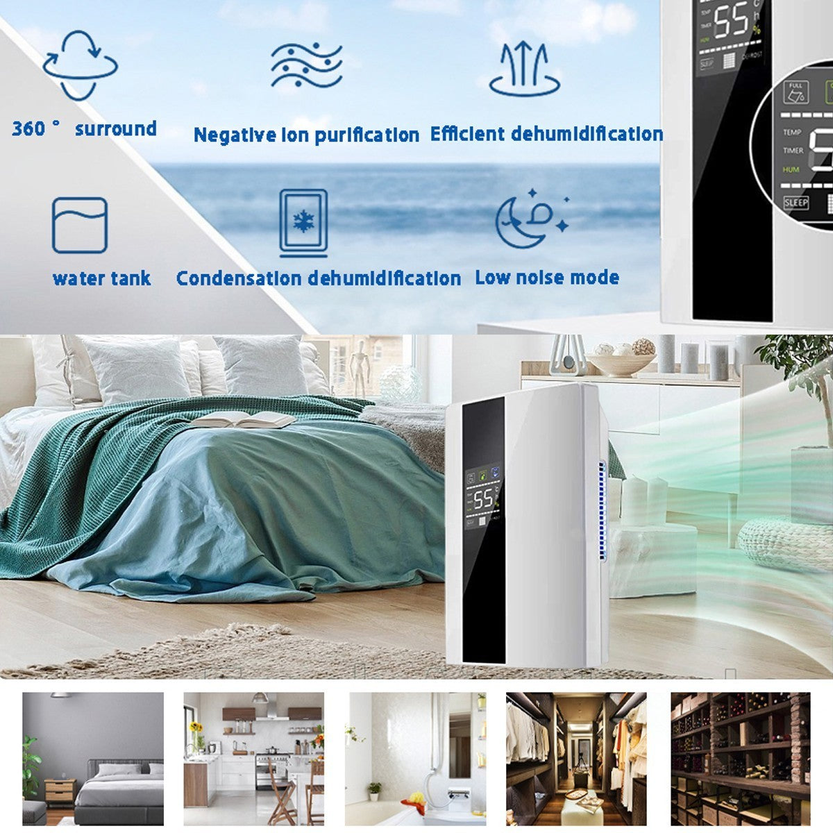 UK 2.2L Large Dehumidifier Portable Quiet Home Air Dryer for Mould Moisture Damp