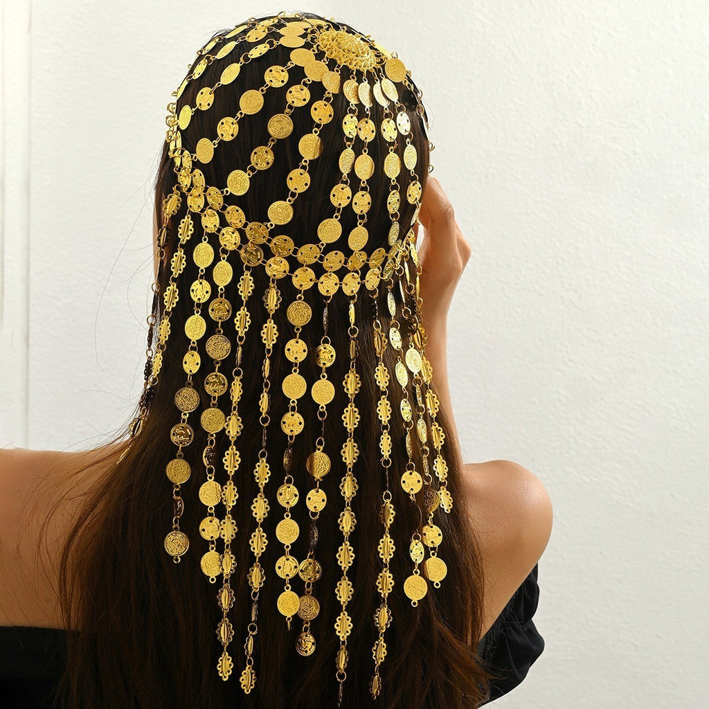 Golden Arabic headpiece W/multiple layers of tassels hollowed out hair accessory