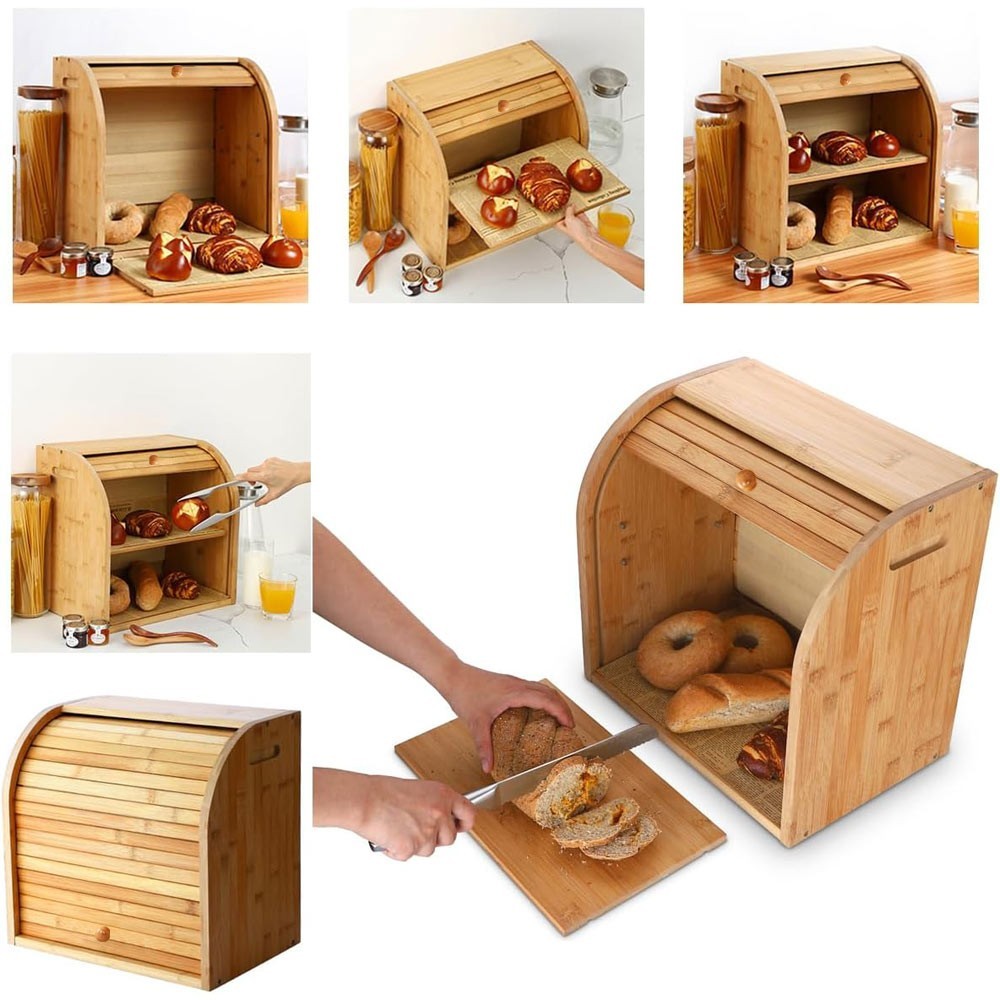 2 Tier Bamboo Bread Bin Double Layer Kitchen Storage Container Loaf Bread Box UK