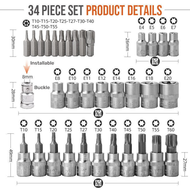 Torx Star Socket & Bit Set Male Female E & T Sockets with Torx Bits + Case 34pcs