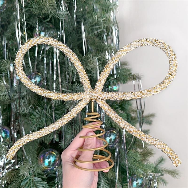 Christmas Tree Topper Bow, Gold Glass Rhinestone Bow Tree Topper Christmas Decor