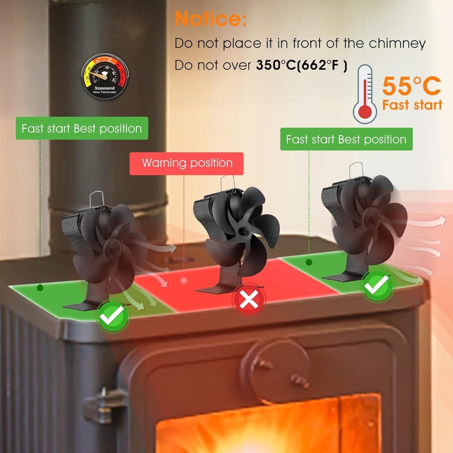 5 Blade Heat Powered Stove Top Fan Eco-friendly for Wood Burner Log Burning Fire