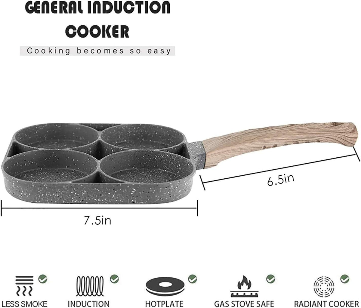 4 Hole Cup Egg Hamburger Pancake Maker Non-Stick Frying Pan with Wooden Handle