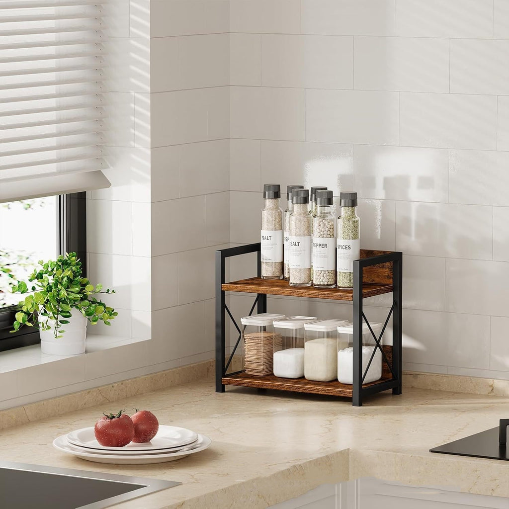 2 Tier Spice Rack Coffee Station Organizer Wooden Kitchen Countertop Organizer