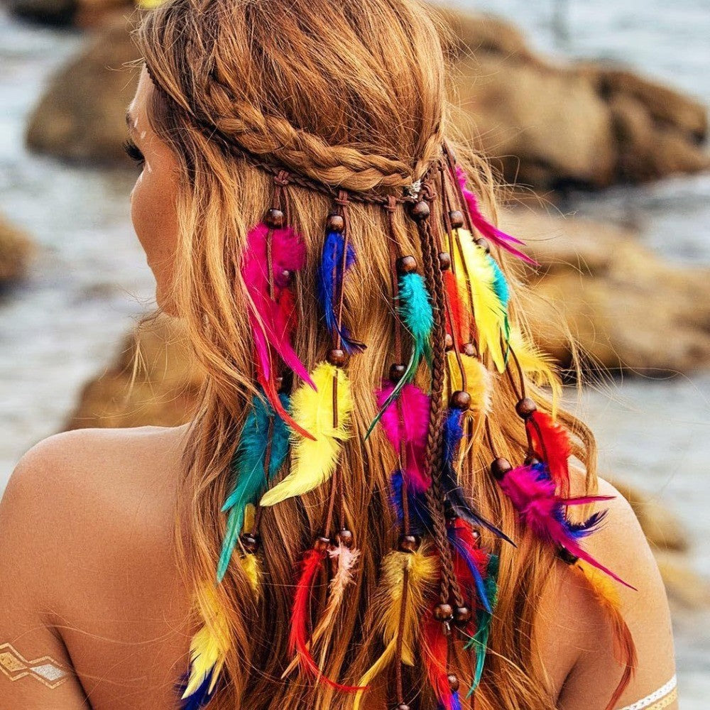 Boho Feather Headband Rainbow Indian Headbands Hippie Feather Headdress