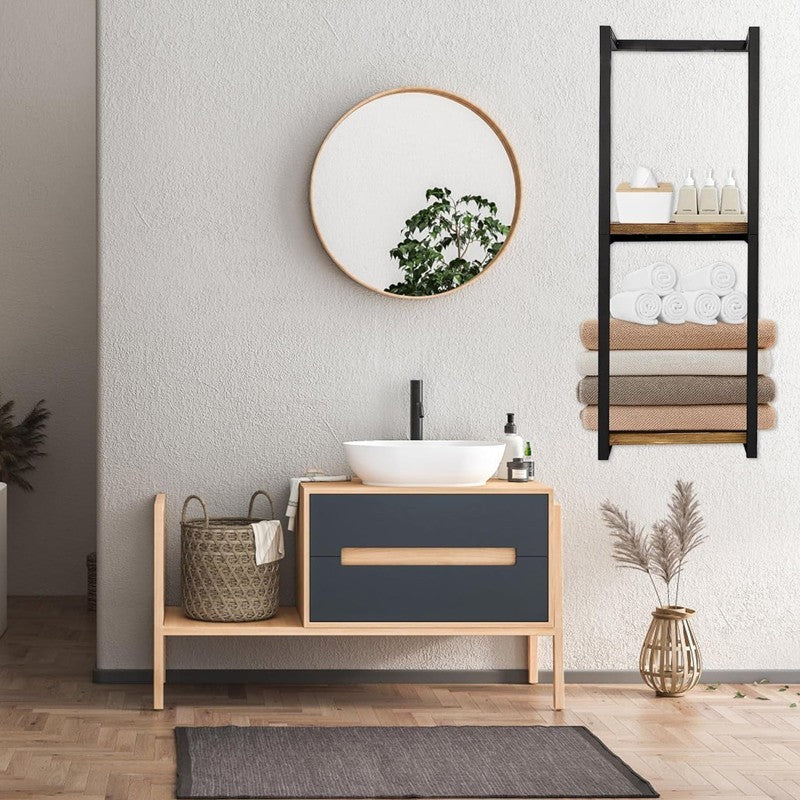 Wall‑Mounted Towel Rack Wooden Shelf Bathroom Storage Holder Towel Organiser