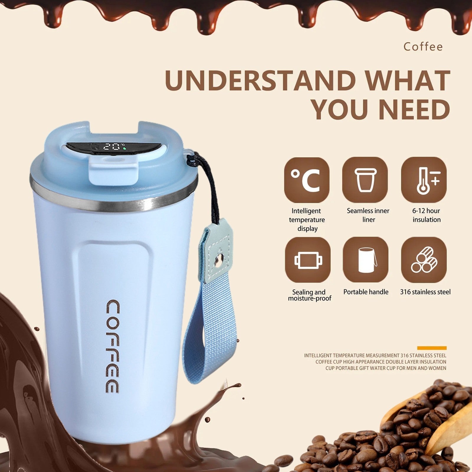 Smart Thermo Travel Coffee Mug Cup Thermal Stainless Steel Vacuum Flask 510ml