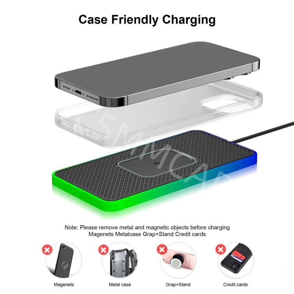 Wireless Car Phone Charger Pad Fast Charging Non-slip Mat W/LED Atmosphere Light