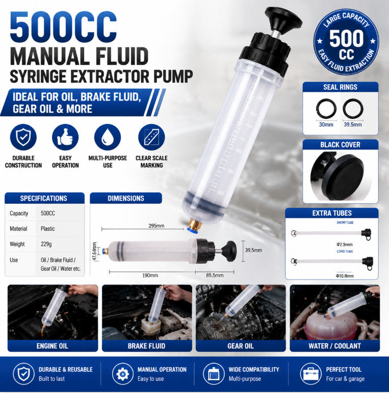 Manual Suction Pump for Car Oil 500cc Fluid Syringe Extractor and Transfer Tool