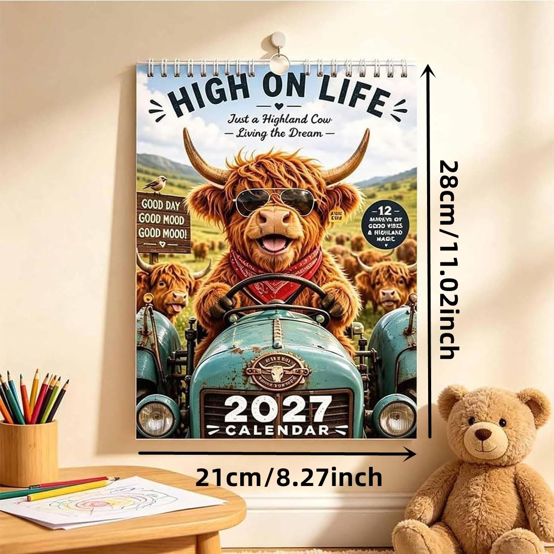 2027 Funny Highland Cow Wall Calendar, highland cow calendar 2027