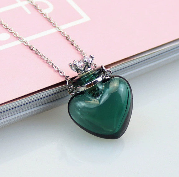 Vial Necklace, Stainless Steel Glass Heart Perfume Bottle 29mm, Light Blue