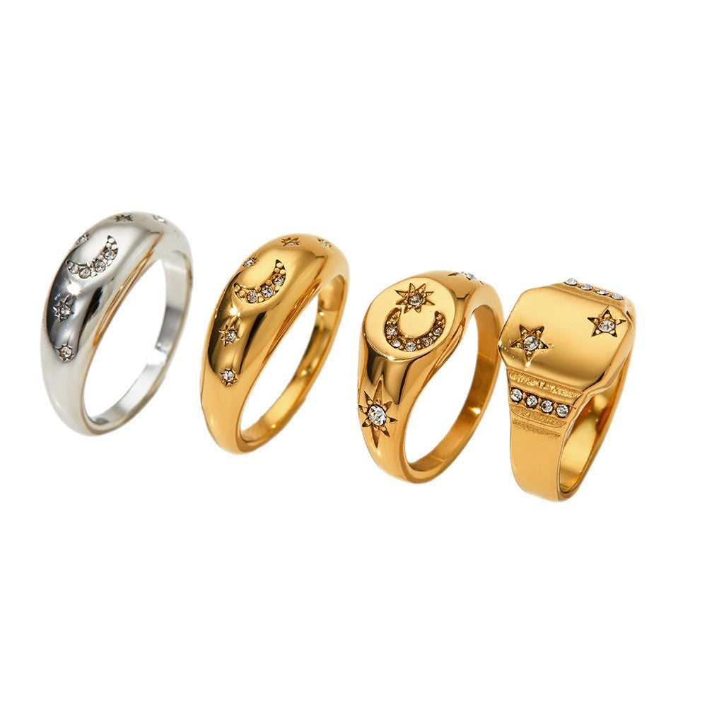 Stainless Steel 18K Gold Star And Moon Ring Jewelry