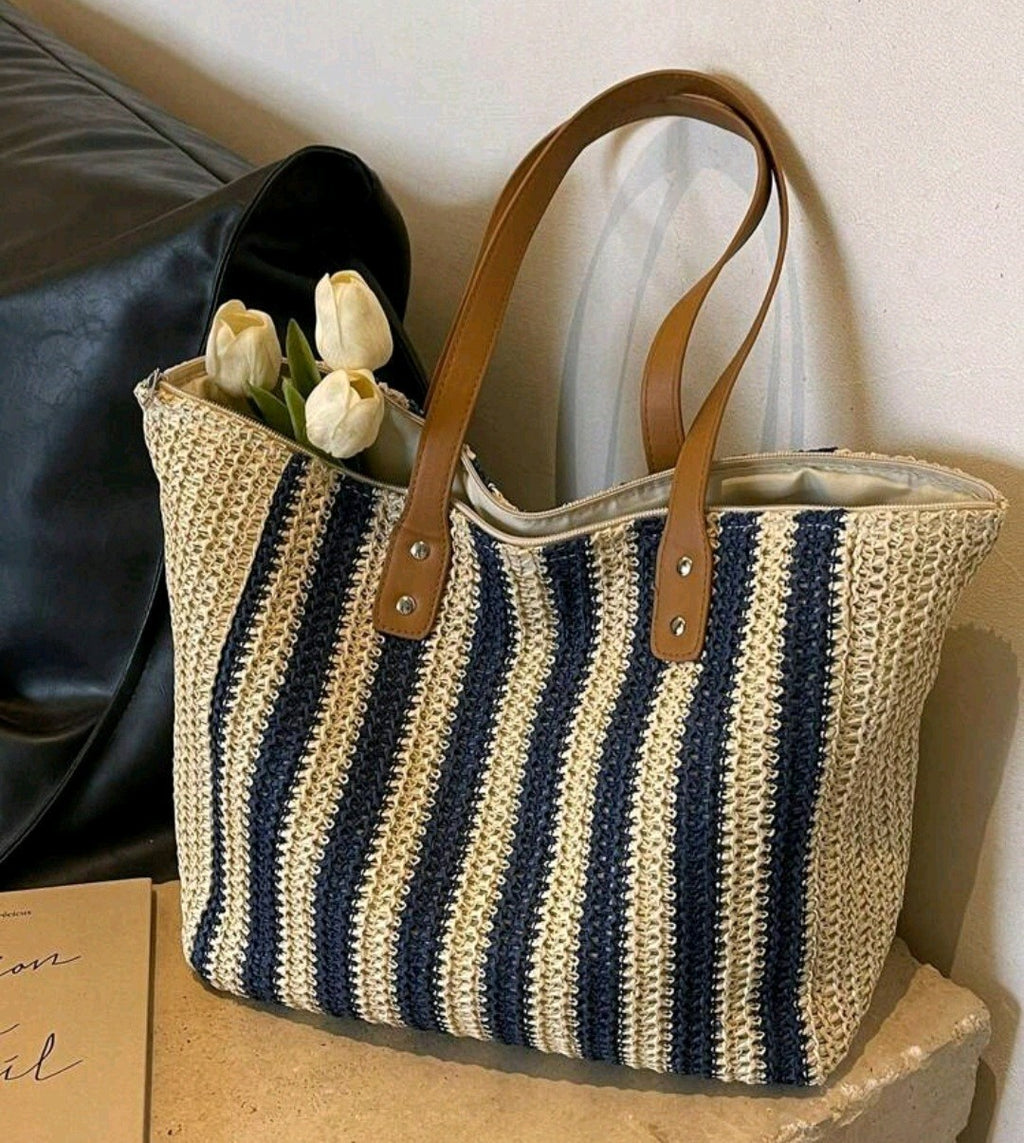 Large Summer Beach Tote Bag Woven Straw Shoulder Women's Bag Holiday Bag