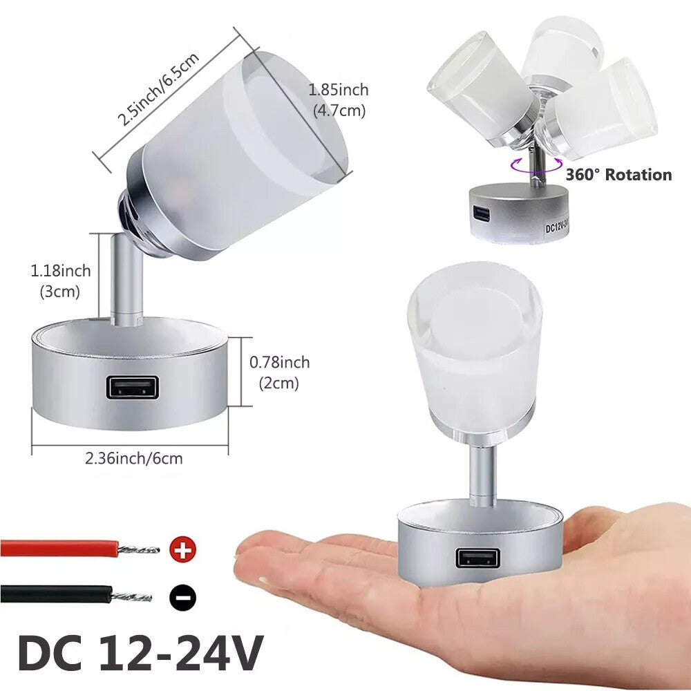 2x 12V LED Interior Spot Reading Light Camper Van Caravan Boat Touch Switch USB