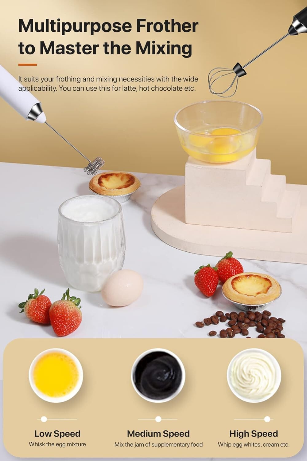 Rechargeable Electric Milk Coffee Frother Whisk Egg Beater Handheld Frappe Mixer