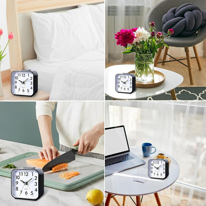 Bedside Mini Alarm Clock Analogue with Night Light – BlackWhite