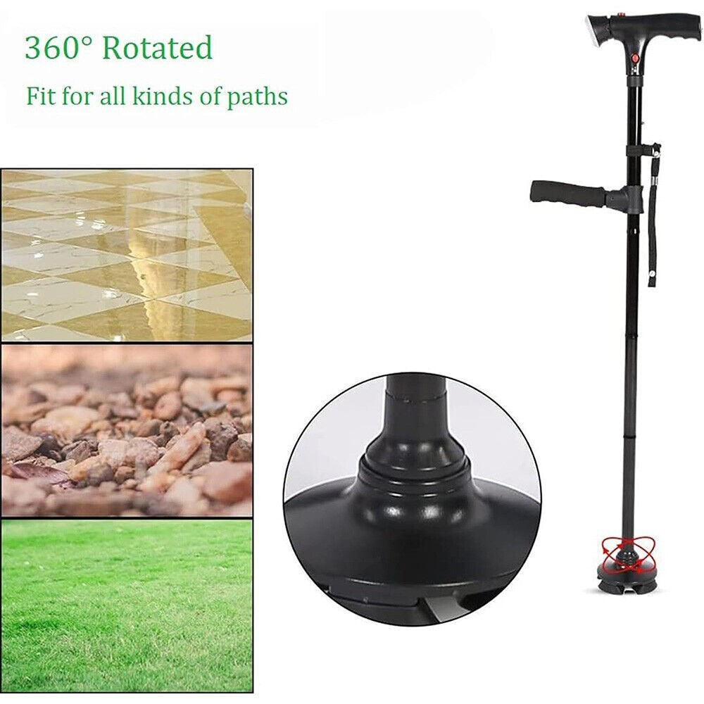 Elder Folding Walking Stick Walking Cane Height Adjustable LED Light Alarm