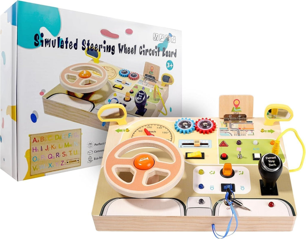 Montessori Simulated Car Driving Wheel Busy Board Sensory Toys with Light Switch