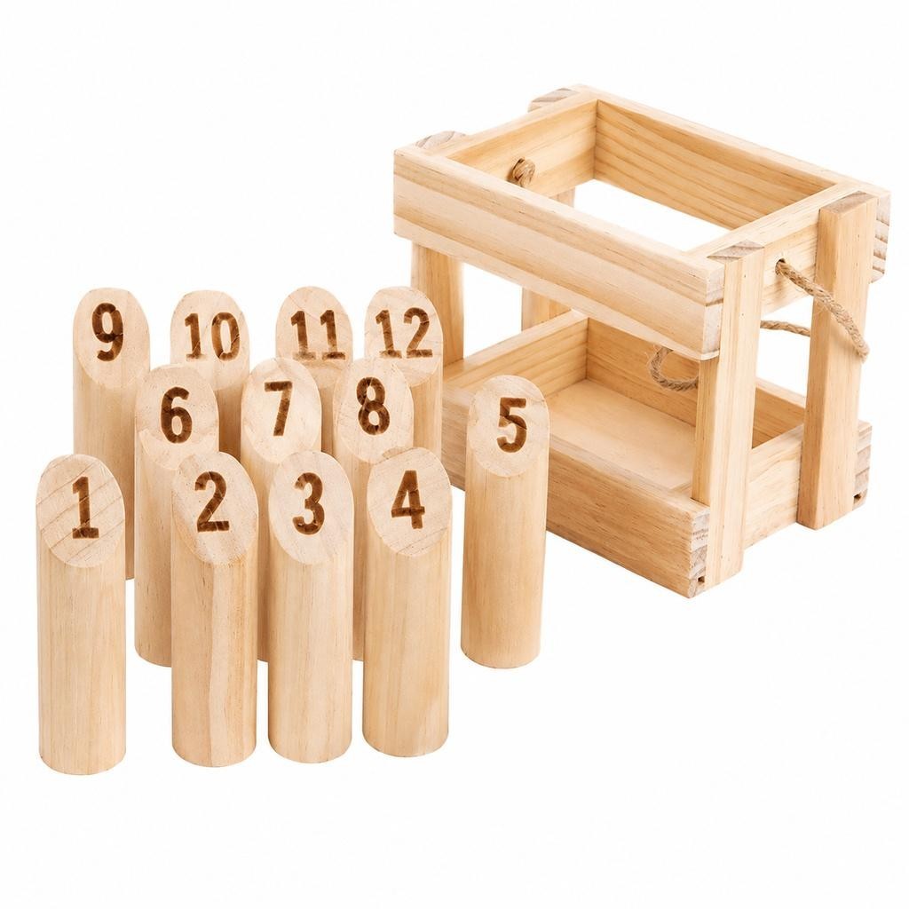 Wooden Molkky Game Set with Storage Box for Outdoor Family Fun and Play