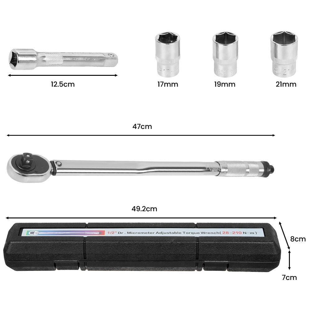 1/2" Square Drive Torque Ratchet Wrench 28-210Nm Socket Set Storage Case