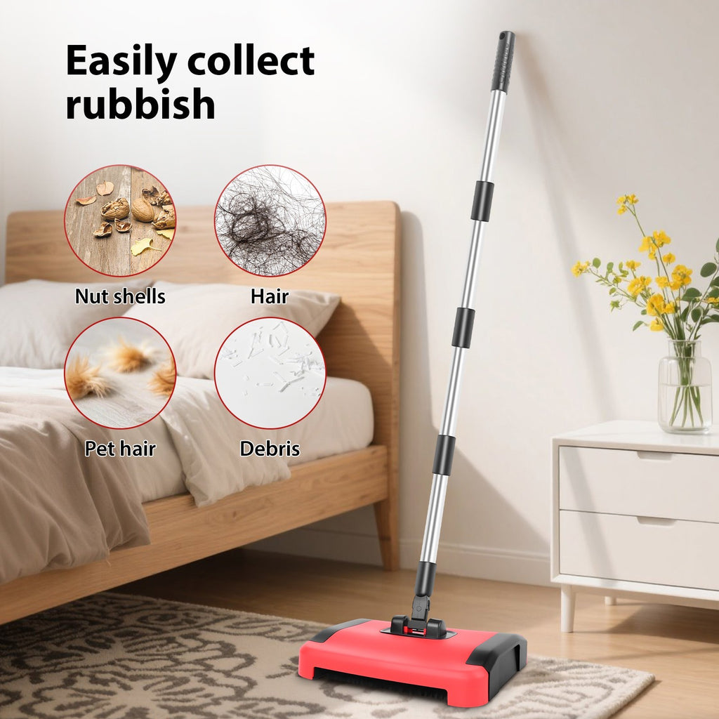 Manual Carpet Sweeper 180° Rotating, No Electricity, Quick Clean Rugs Hardwood