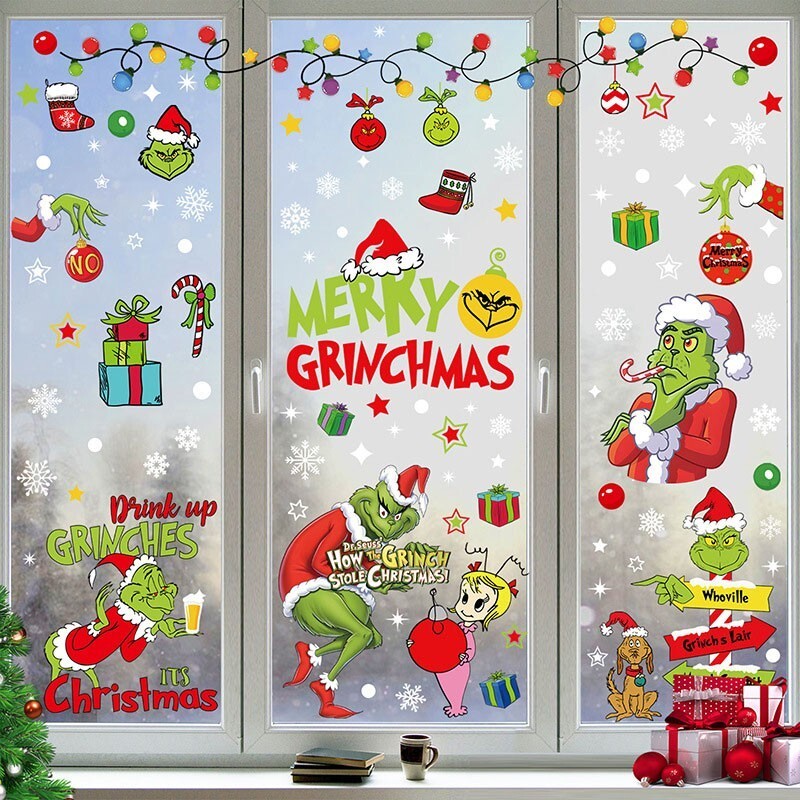 Christmas Grinch's Removable Window Stickers Xmas Art Decal Wall Home Shop Decor