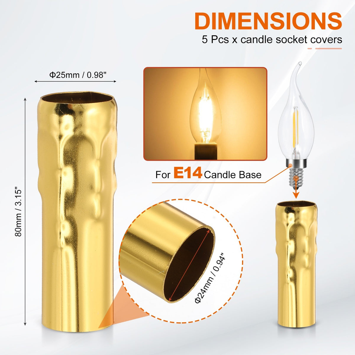 5 Pcs 3.15" Tall Metal E14 Candle Covers Sleeves, Swimming Gold