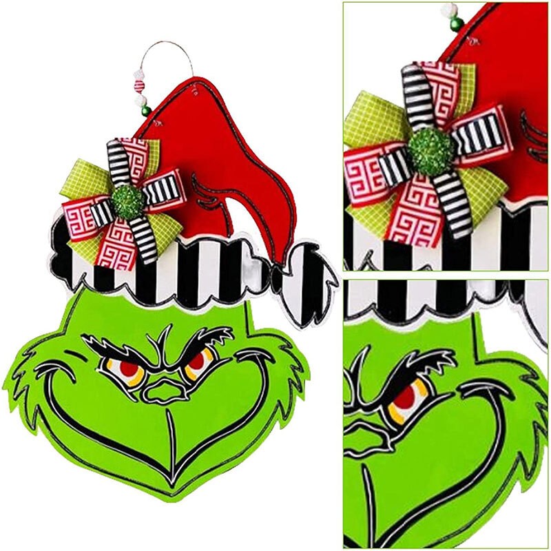 Grinch Christmas Wooden Wreath Front Door Welcome Sign Home Decorations