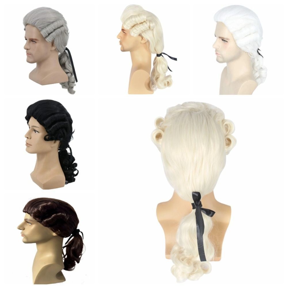 Lawyer Judge Baroque Cosplay Curly Wig Grey White Black Men Synthetic Wigs