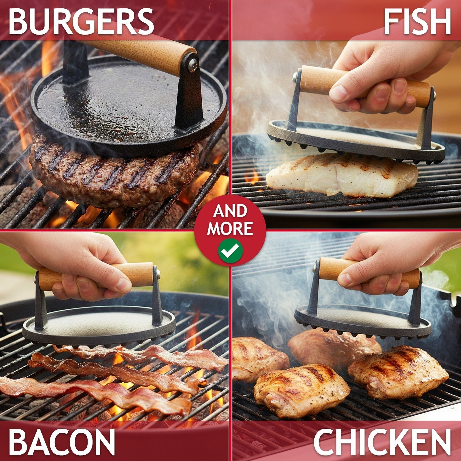 Burger Press Cast Iron 6.9" Heat Resistant Wood Handle BBQ Meat Grill Smash Tool