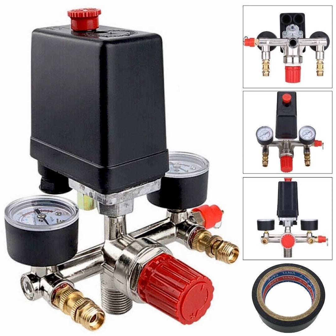 230V Pressure Switch Air Valve Manifold Compressor Control Regulator Gauges Tool