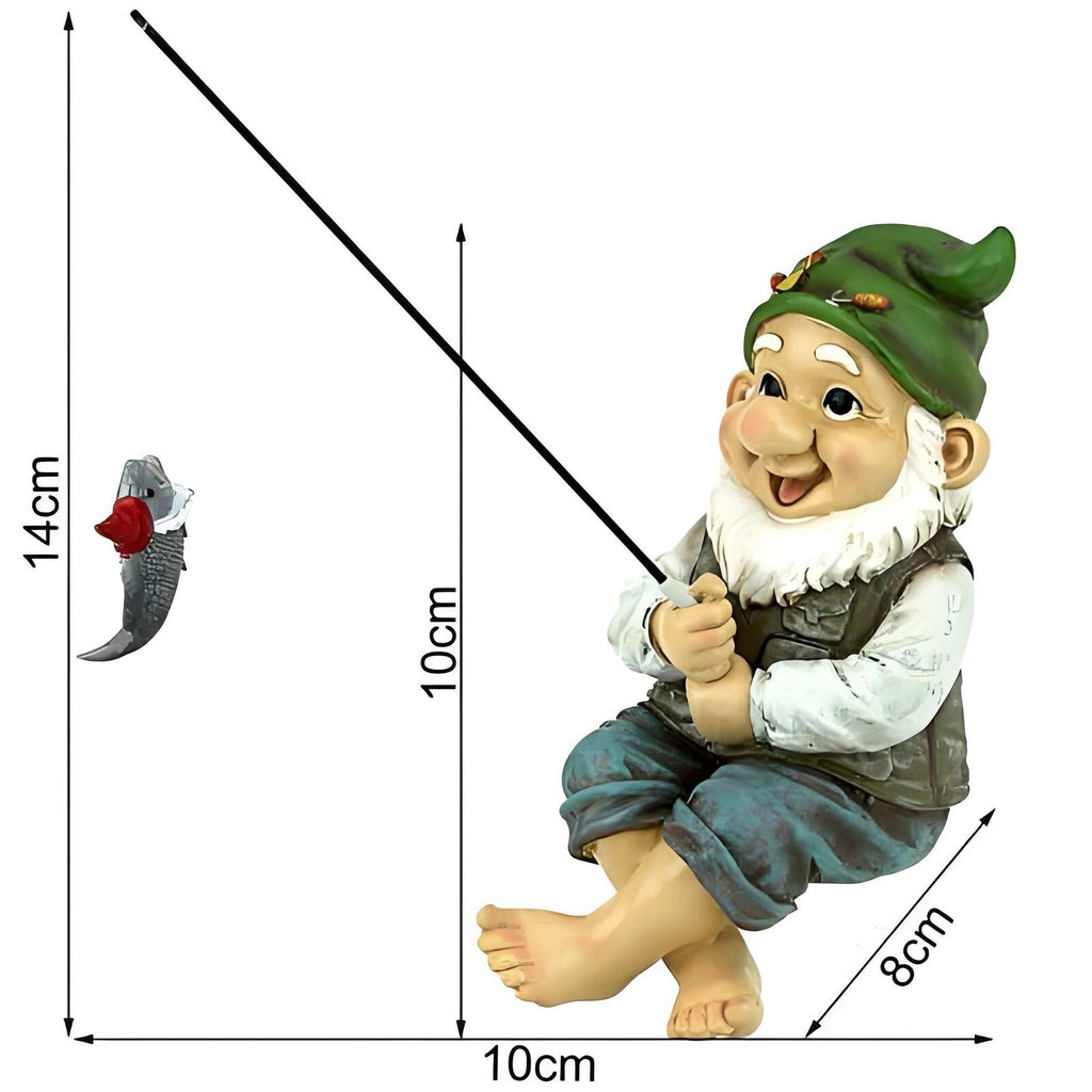 Garden Gnome Fishing Statue Resin Sitting Rod Fish Pond Decor Ornament