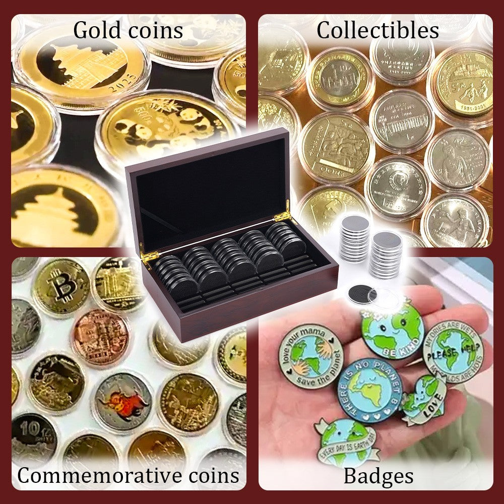 50pcs 46MM Coin Capsules Wooden Storage Box Holders Coin Collection Display Case