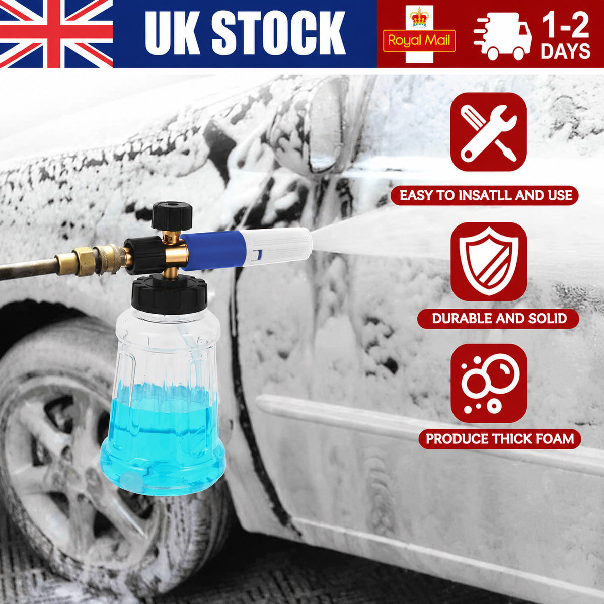 1/4" Quick Release Snow Foam Lance Pressure Washer Gun Soap Cannon Bottle 1L