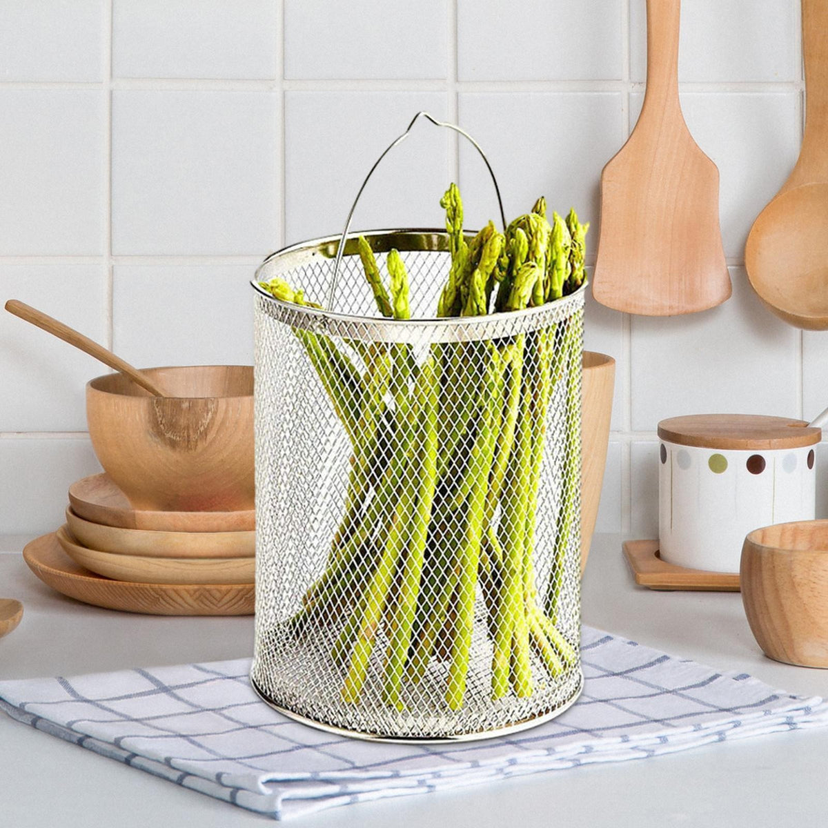 Stainless Steel Fry Basket Kitchen Pasta Strainer Round Mesh Vegetable Fruit