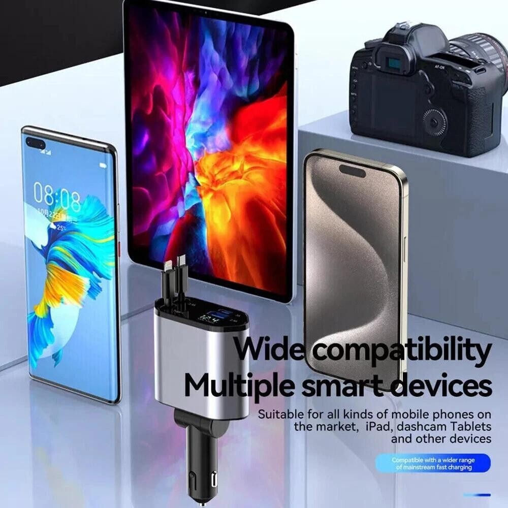 Retractable Car Charger 4IN1 120W USB Type C Cable For Phone Fast Charge Adapter