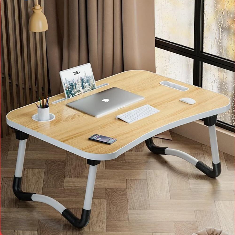 Folding Laptop Bed Table Lap Standing Tray Breakfast Desk With Cup Holder