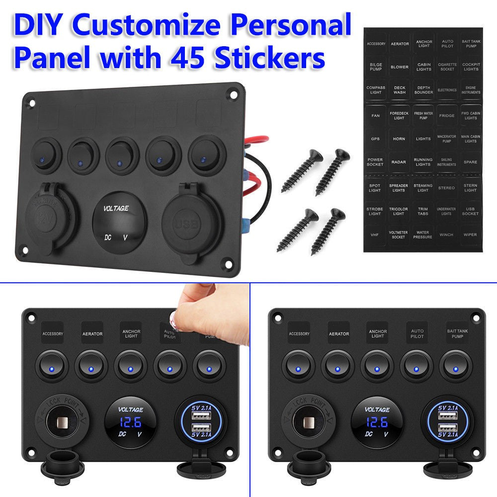 5 Gang 12V/24V Inline Fuse Box LED Switch Panel Dual USB Car Boat Truck Camper