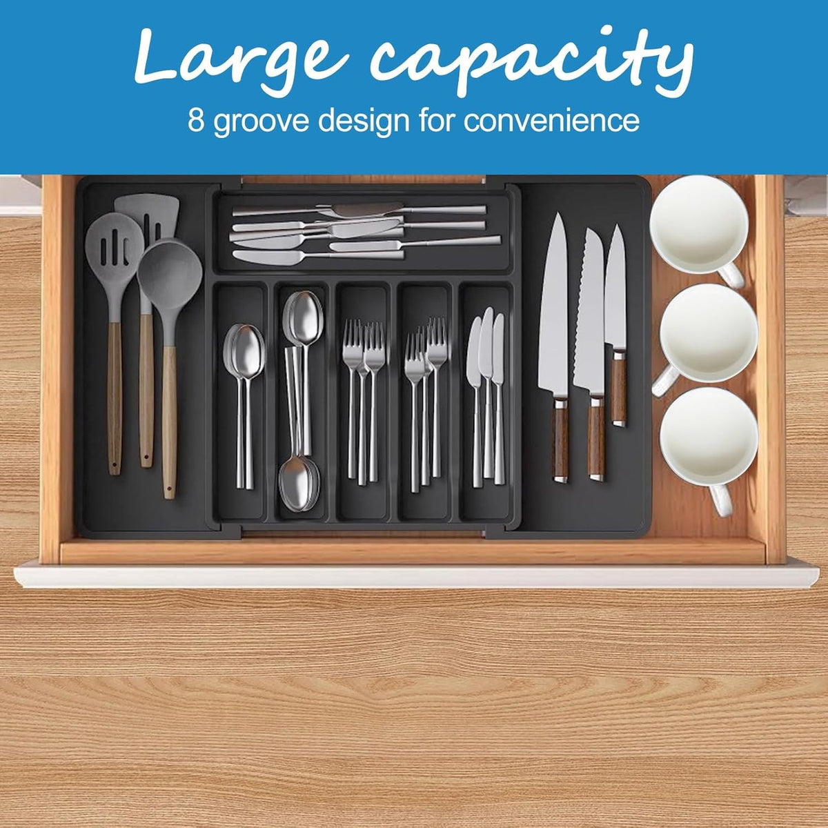 8-Section Extendable Plastic Cutlery Tray Kitchen Drawer Insert Organiser Holder
