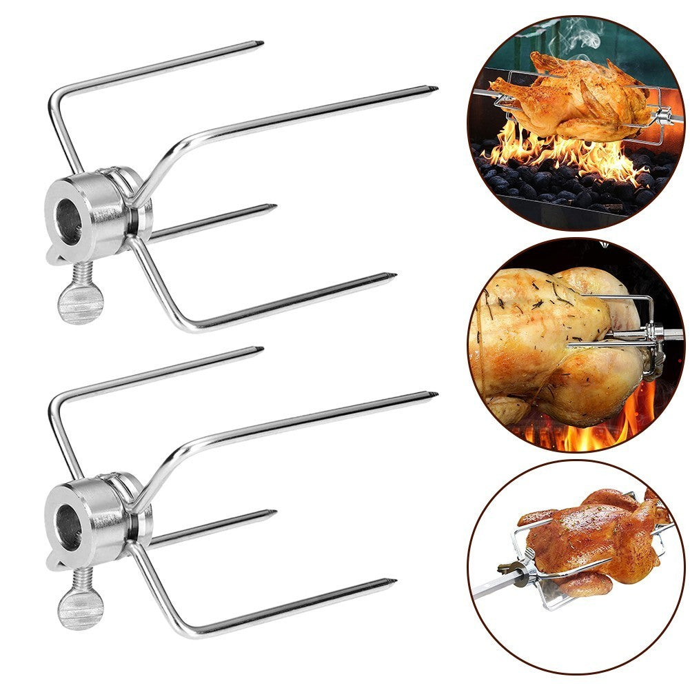 Stainless Steel BBQ Rotisserie Meat Forks Clamp with Locking Screw Set of 2