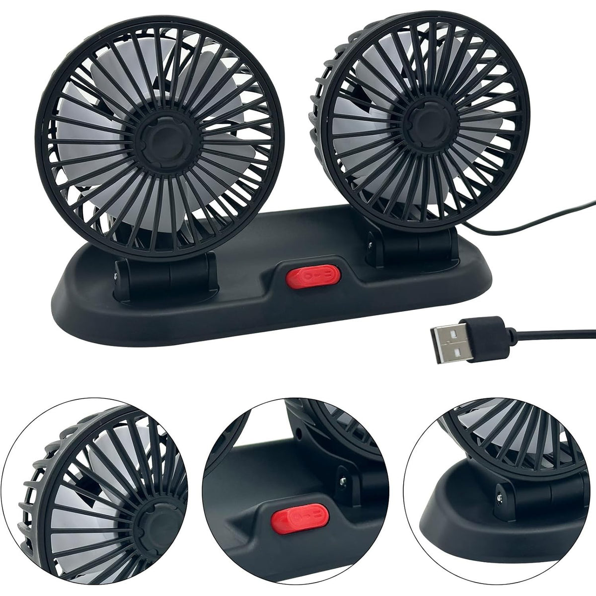 Dual Head USB Car Fan Portable Vehicle Truck 360° Rotatable Auto Cooling Cooler