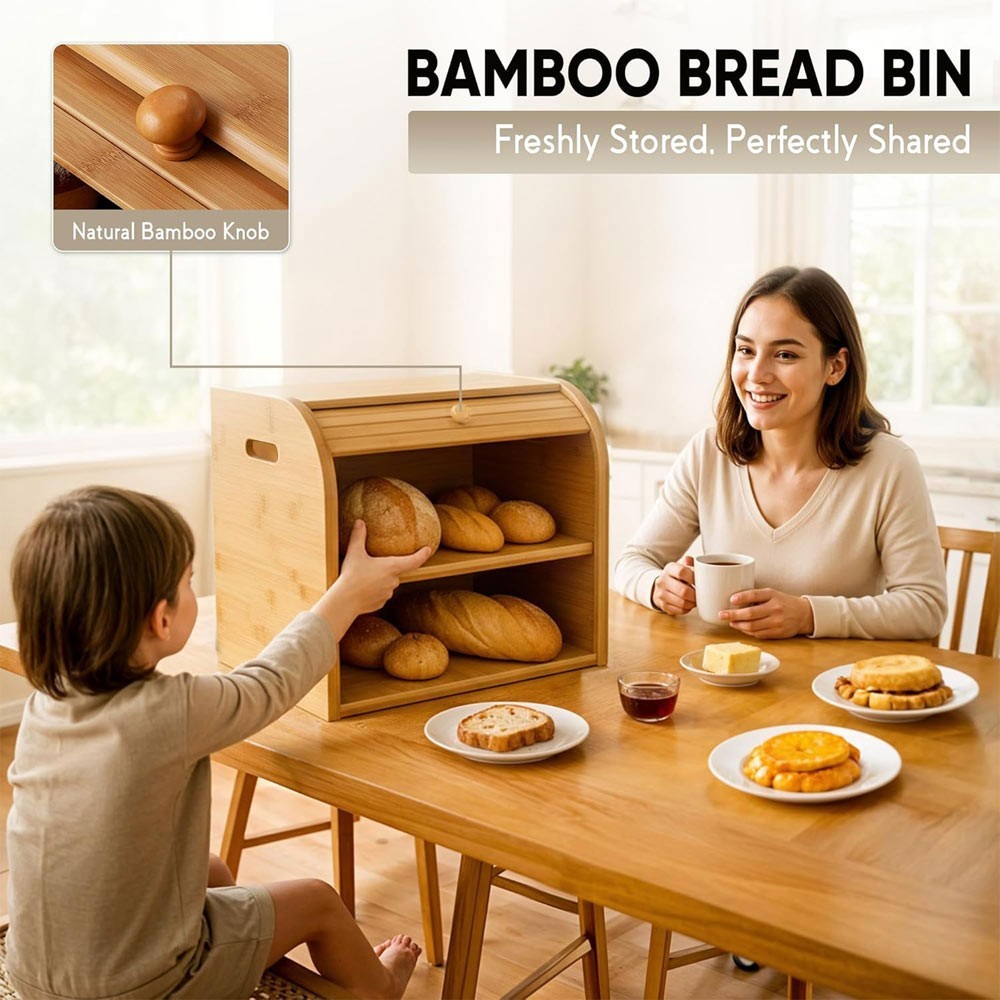 2 Tier Bamboo Bread Bin Double Layer Kitchen Storage Container Loaf Bread Box UK