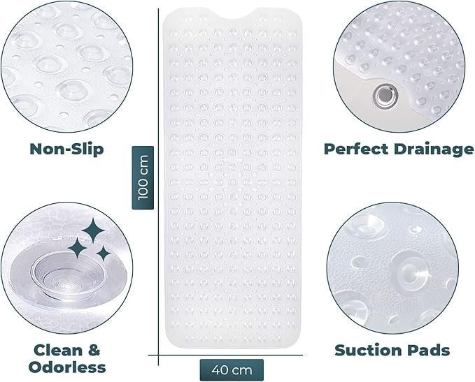 Non Slip Bath Mat 100x40cm Clear Shower Mat Anti Mould Suction Cup Rubber
