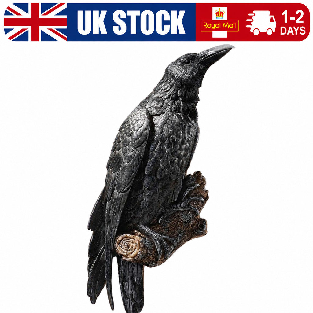 Gothic Raven Statue Crow Scavenger Bird Perching On Tree Stump  Figurine 7.8"H