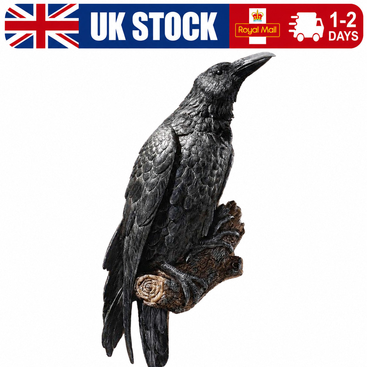 Gothic Raven Statue Crow Scavenger Bird Perching On Tree Stump  Figurine 7.8"H