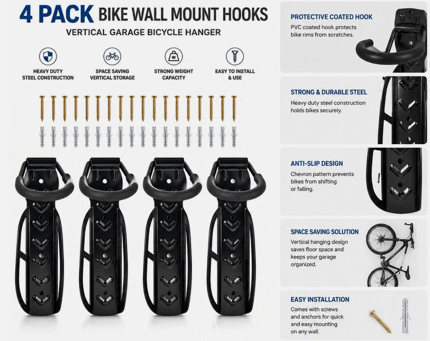 Bike Storage Wall Mounted Hook Bicycle Rack Hanger Holder Garage Steel Stand 4x